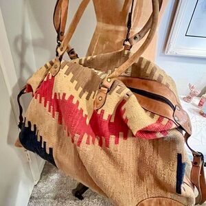Turkish Kilim Rug Leather Weekender Duffel Bag